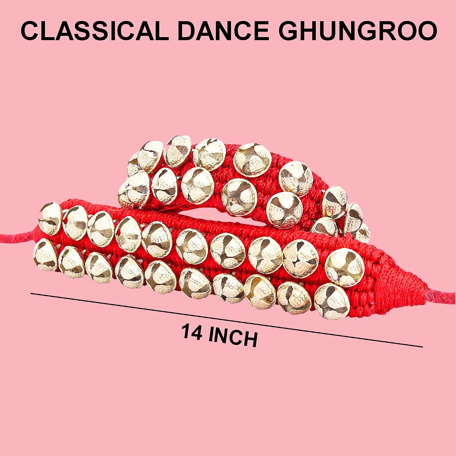Dancing Bells Ghungroo Pair Indian Classical Dance Accessories with Colored Cushion Pad Best Dance Metal Brass Anklets Bells Ghunghroo Pad (Red, Double Line)